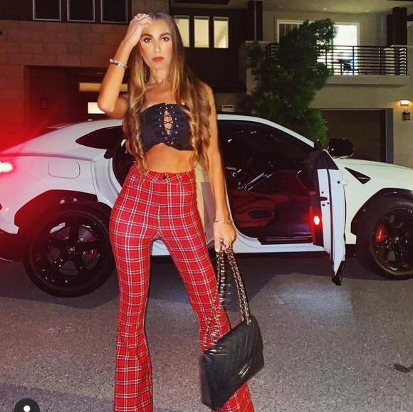 Red plaid flare pants w/ top - Picture 1 of 4